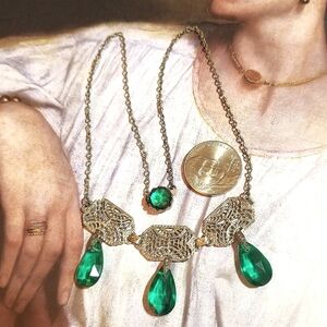 1910s Edwardian Filigree Green Crystal Necklace